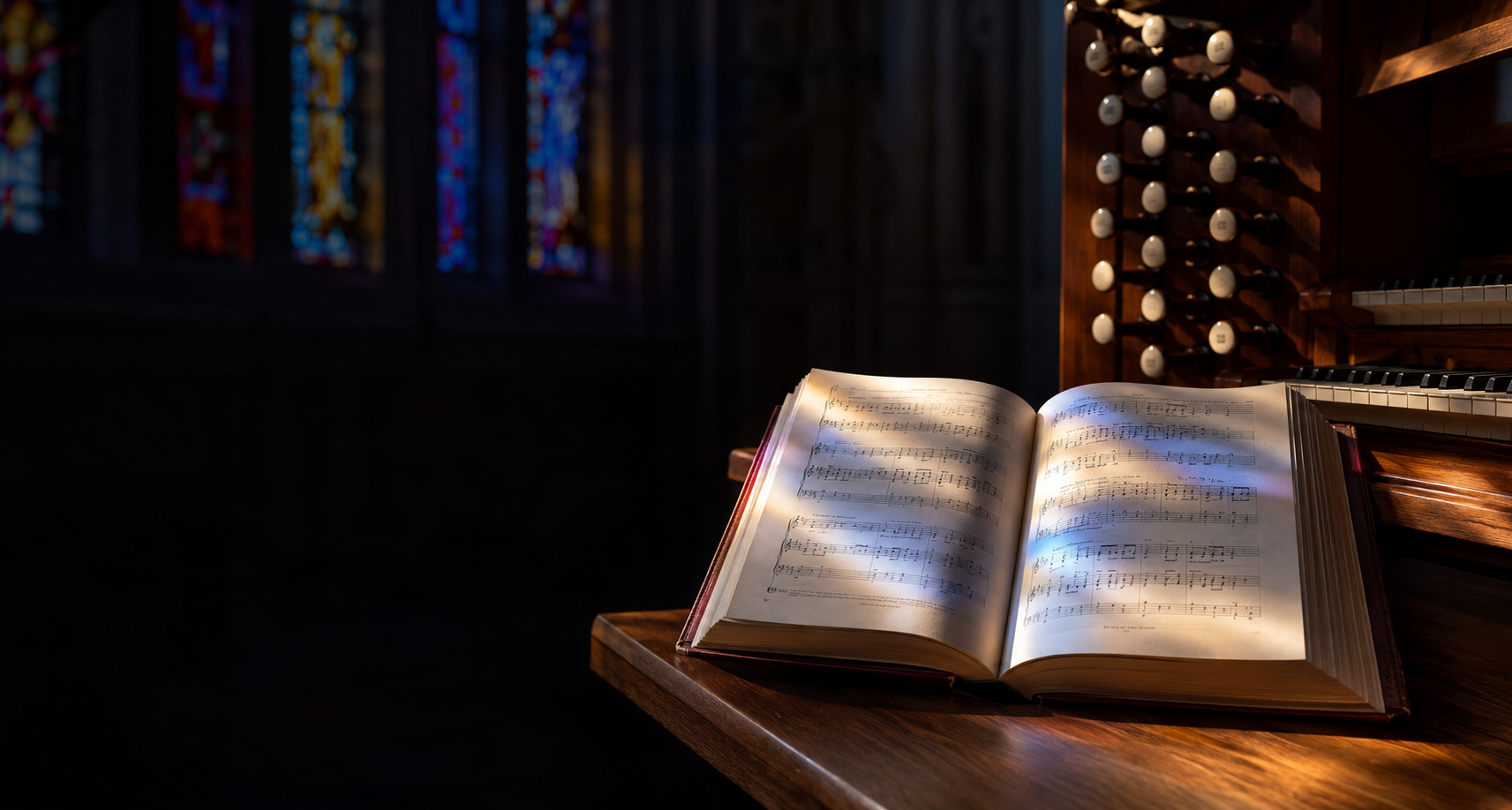 An open hymnal beside a pipe organ in stained-glass light